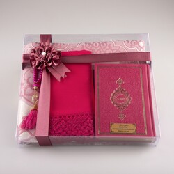 Shawl + Prayer Mat + Salah Beads + Quran Gift Set (Bag Size, Fuchsia Pink) - Thumbnail