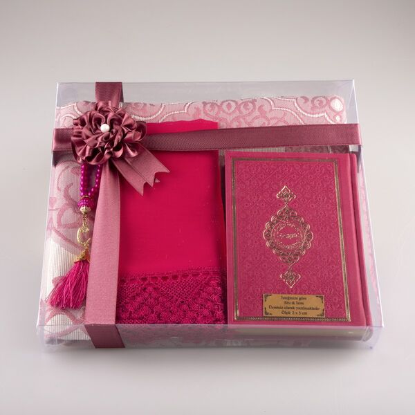 Shawl + Prayer Mat + Salah Beads + Quran Gift Set (Bag Size, Fuchsia Pink)