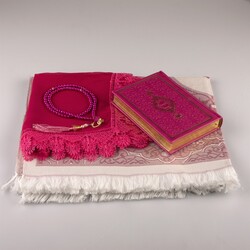 Shawl + Prayer Mat + Salah Beads + Quran Gift Set (Bag Size, Fuchsia Pink) - Thumbnail