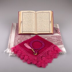 Shawl + Prayer Mat + Salah Beads + Quran Gift Set (Bag Size, Fuchsia Pink) - Thumbnail