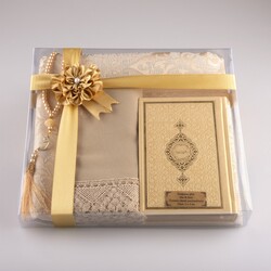 Shawl + Prayer Mat + Salah Beads + Quran Gift Set (Bag Size, Gold1) - Thumbnail