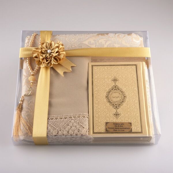 Shawl + Prayer Mat + Salah Beads + Quran Gift Set (Bag Size, Gold1)