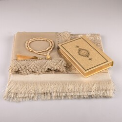 Shawl + Prayer Mat + Salah Beads + Quran Gift Set (Bag Size, Gold1) - Thumbnail