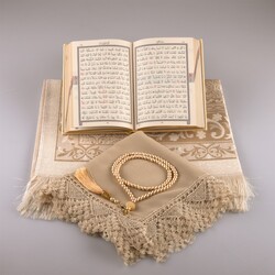 Shawl + Prayer Mat + Salah Beads + Quran Gift Set (Bag Size, Gold1) - Thumbnail