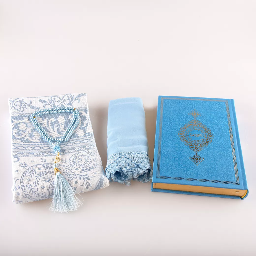 Shawl + Prayer Mat + Salah Beads + Quran Gift Set (Bag Size, Green) - Thumbnail