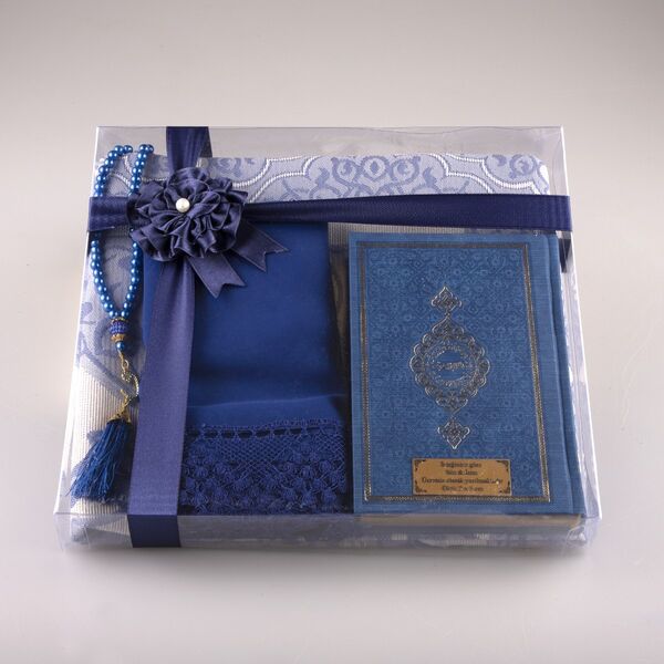 Shawl + Prayer Mat + Salah Beads + Quran Gift Set (Bag Size, Navy Blue)