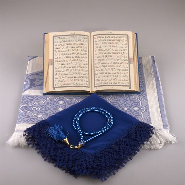 Shawl + Prayer Mat + Salah Beads + Quran Gift Set (Bag Size, Navy Blue)