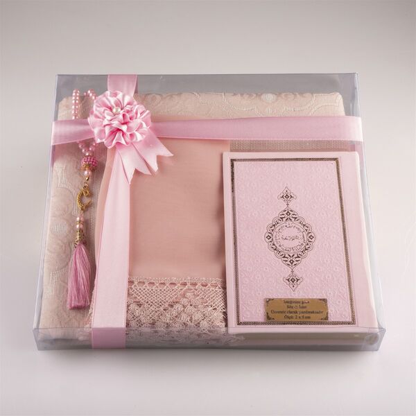 Shawl + Prayer Mat + Salah Beads + Quran Gift Set (Bag Size, Powder Pink)