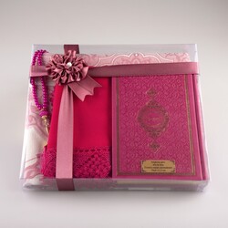 Shawl + Prayer Mat + Salah Beads + Quran Gift Set (Hafiz Size, Fuchsia Pink) - Thumbnail