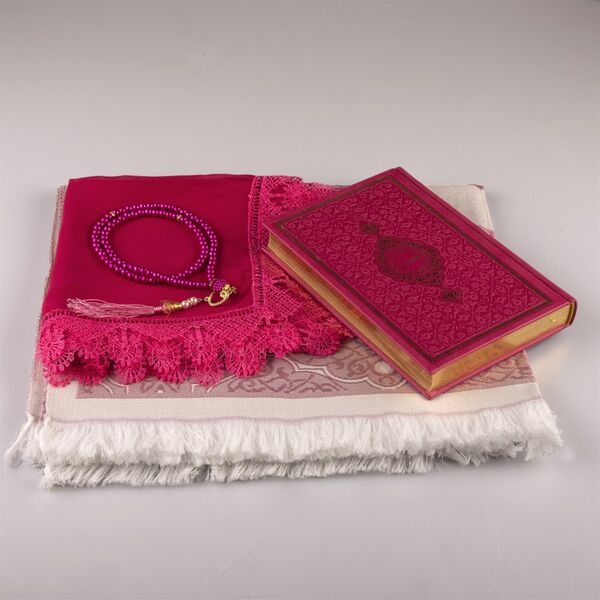 Shawl + Prayer Mat + Salah Beads + Quran Gift Set (Hafiz Size, Fuchsia Pink)