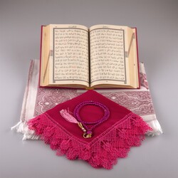 Shawl + Prayer Mat + Salah Beads + Quran Gift Set (Hafiz Size, Fuchsia Pink) - Thumbnail