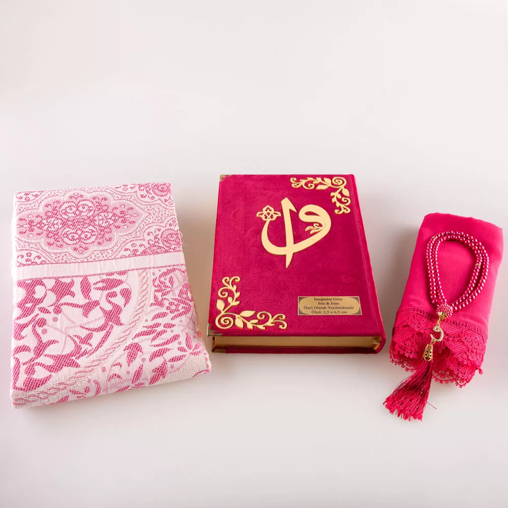 Shawl + Prayer Mat + Salah Beads + Velvet Bound Quran Gift Set (Bag Size, Fuchsia Pink) - Thumbnail