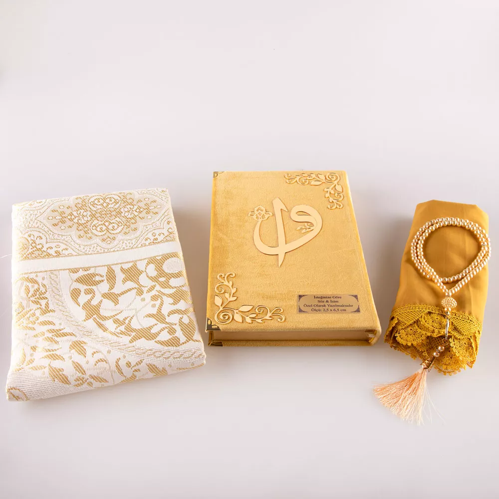 Shawl + Prayer Mat + Salah Beads + Velvet Bound Quran Gift Set (Bag Size, Gold1) - Thumbnail