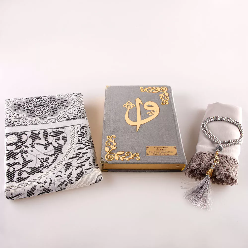 Shawl + Prayer Mat + Salah Beads + Velvet Bound Quran Gift Set (Bag Size, Grey) - Thumbnail