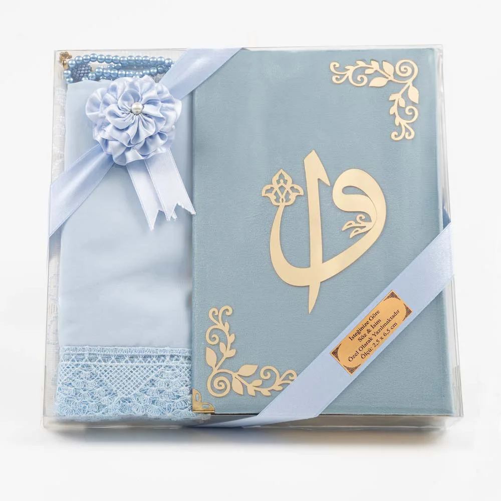 Shawl + Prayer Mat + Salah Beads + Velvet Bound Quran Gift Set (Bag Size, Light Blue) - Thumbnail