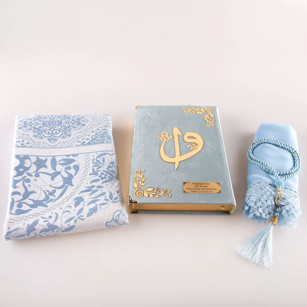 Shawl + Prayer Mat + Salah Beads + Velvet Bound Quran Gift Set (Bag Size, Light Blue) - Thumbnail