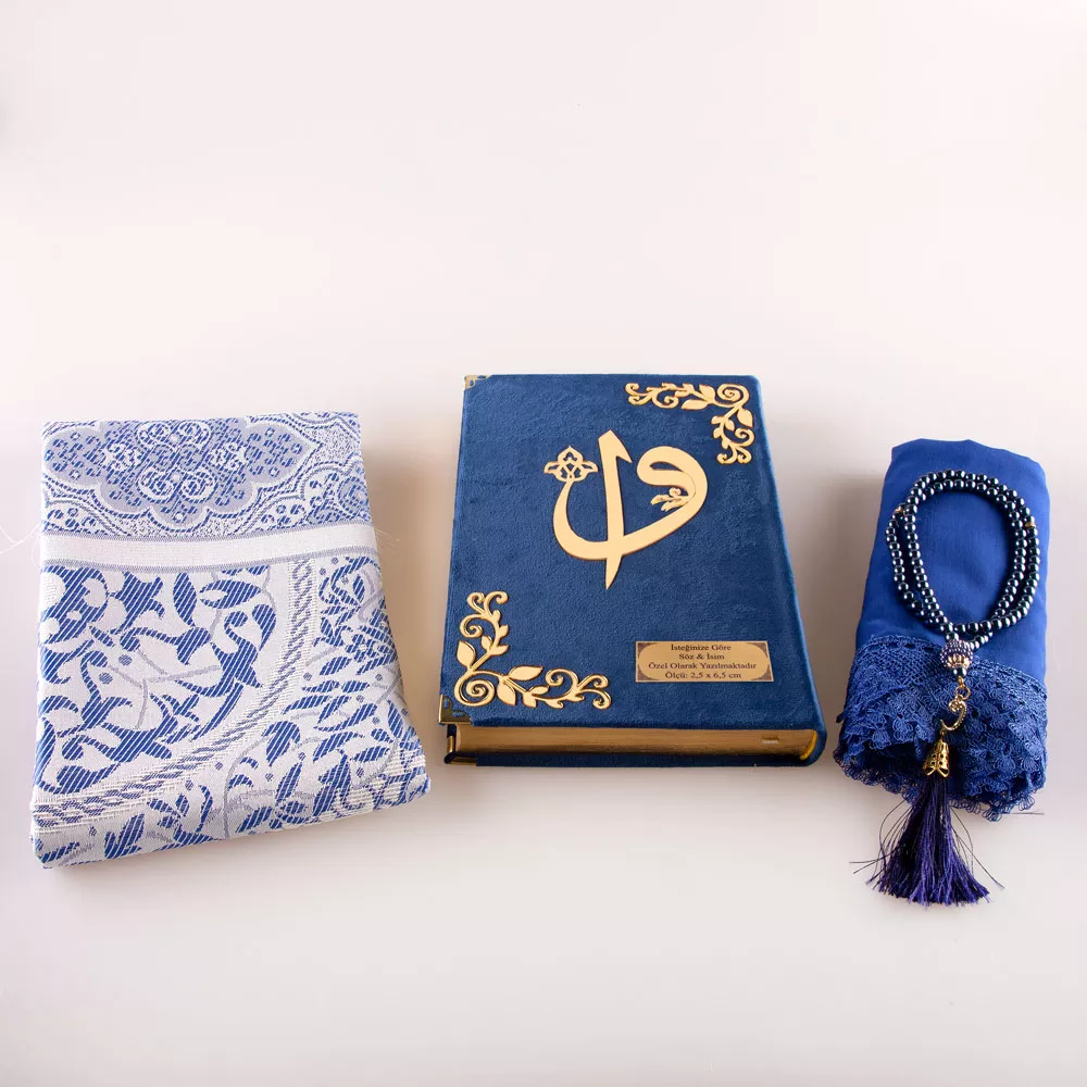 Shawl + Prayer Mat + Salah Beads + Velvet Bound Quran Gift Set (Bag Size, Navy Blue) - Thumbnail