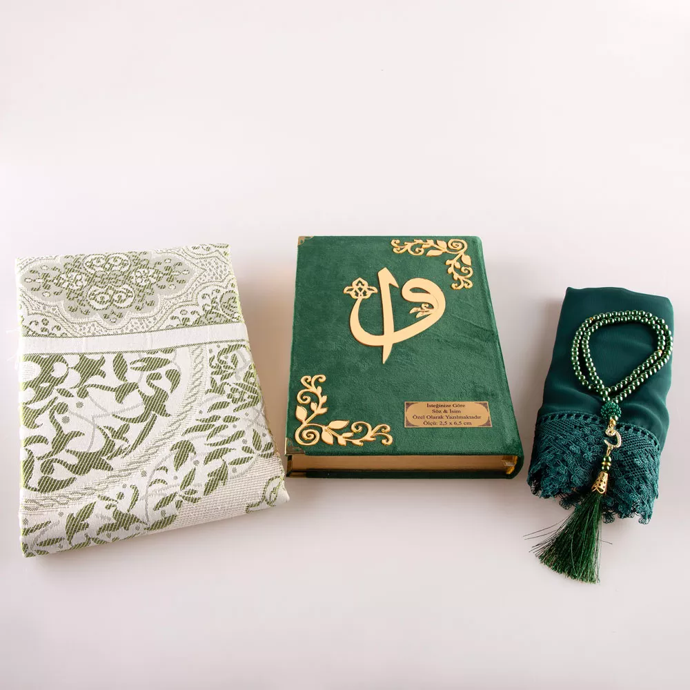 Shawl + Prayer Mat + Salah Beads + Velvet Bound Quran Gift Set (Bag Size, Olive Green) - Thumbnail