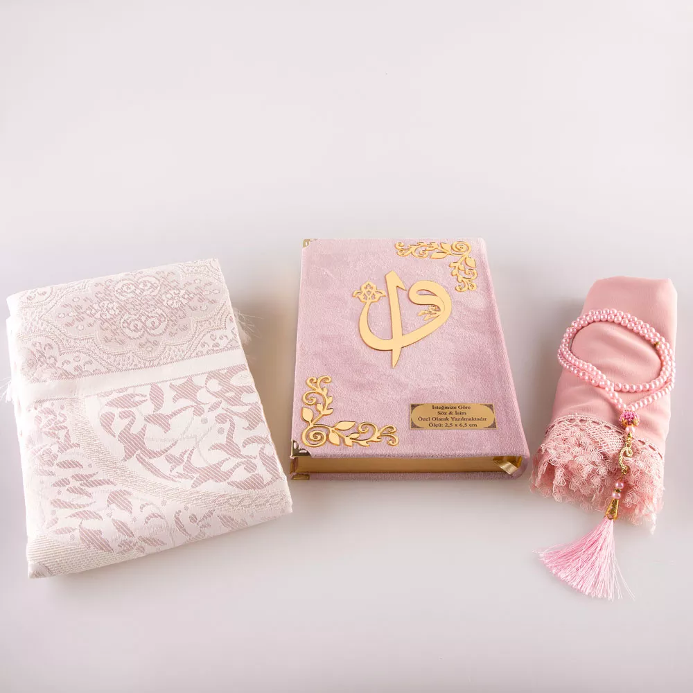 Shawl + Prayer Mat + Salah Beads + Velvet Bound Quran Gift Set (Bag Size, Powder Pink) - Thumbnail