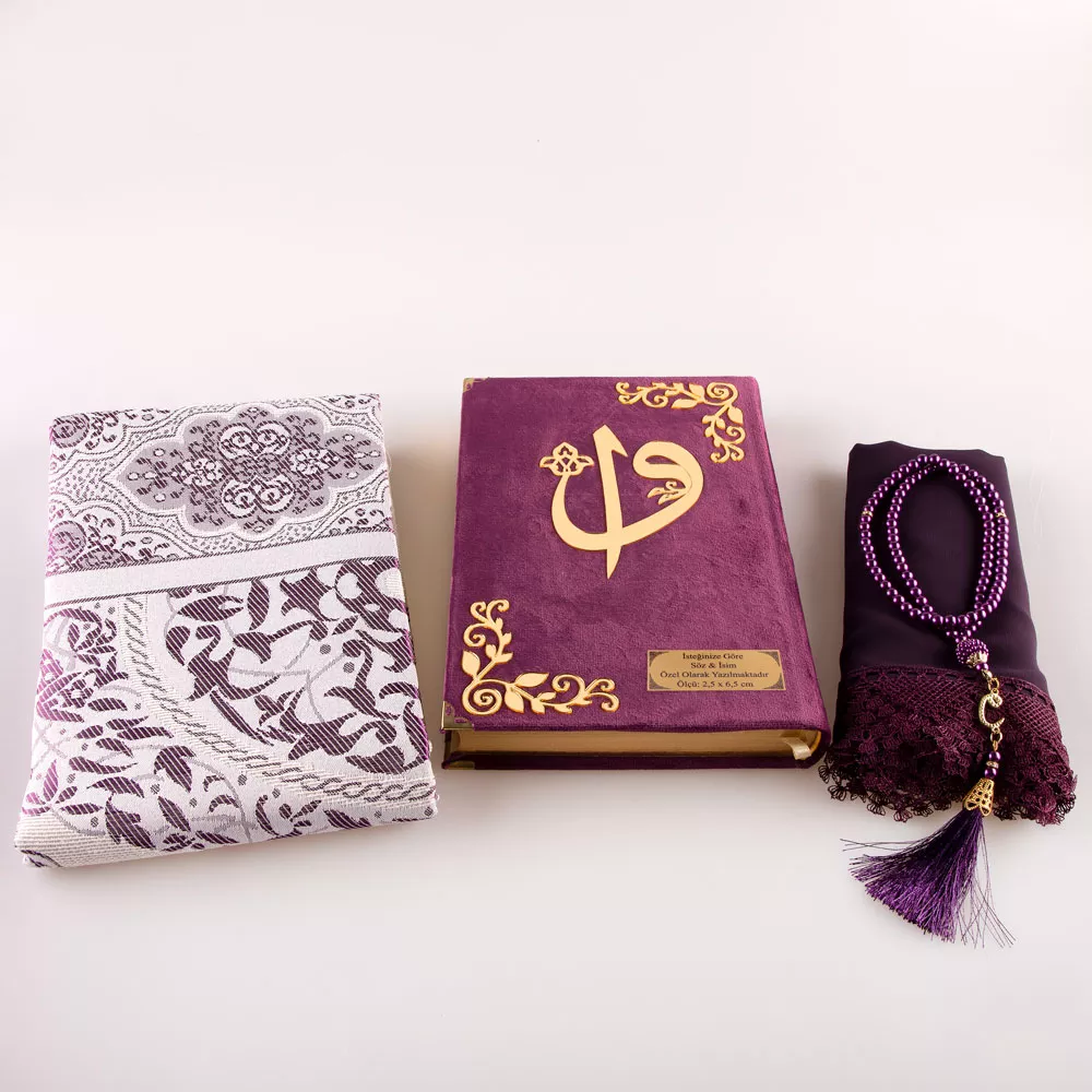 Shawl + Prayer Mat + Salah Beads + Velvet Bound Quran Gift Set (Bag Size, Purple) - Thumbnail