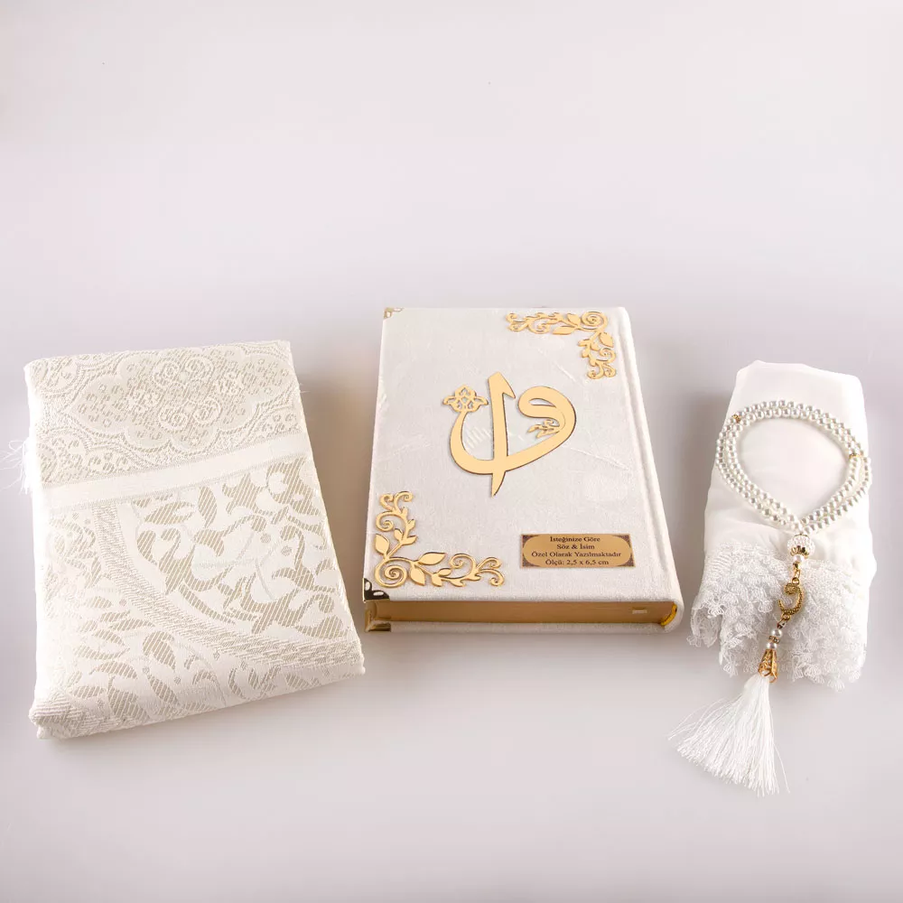 Shawl + Prayer Mat + Salah Beads + Velvet Bound Quran Gift Set (Bag Size, White1) - Thumbnail