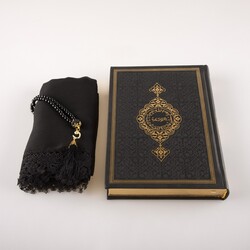 Shawl + Salah Beads + Quran Gift Set (Bag Size, Black) - Thumbnail