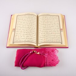 Shawl + Salah Beads + Quran Gift Set (Bag Size, Fuchsia Pink) - Thumbnail