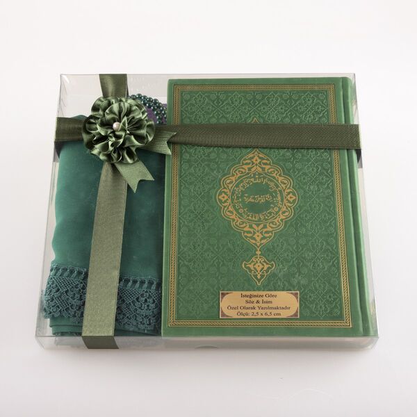 Shawl + Salah Beads + Quran Gift Set (Bag Size, Green)