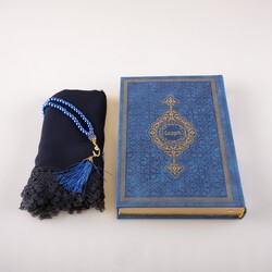 Shawl + Salah Beads + Quran Gift Set (Bag Size, Navy Blue) - Thumbnail