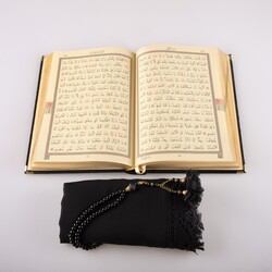 Shawl + Salah Beads + Quran Gift Set (Bag Size, Velvet, Black) - Thumbnail