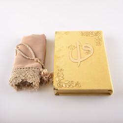 Shawl + Salah Beads + Quran Gift Set (Bag Size, Velvet, Gold) - Thumbnail