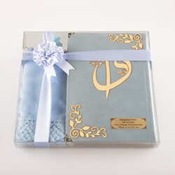 Shawl + Salah Beads + Quran Gift Set (Bag Size, Velvet, Light Blue) - Thumbnail