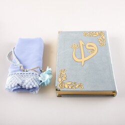 Shawl + Salah Beads + Quran Gift Set (Bag Size, Velvet, Light Blue) - Thumbnail