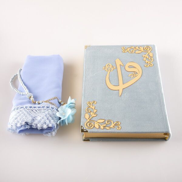 Shawl + Salah Beads + Quran Gift Set (Bag Size, Velvet, Light Blue)