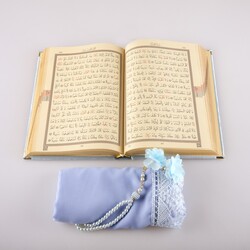 Shawl + Salah Beads + Quran Gift Set (Bag Size, Velvet, Light Blue) - Thumbnail