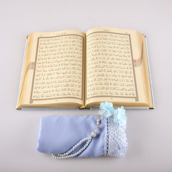 Shawl + Salah Beads + Quran Gift Set (Bag Size, Velvet, Light Blue)