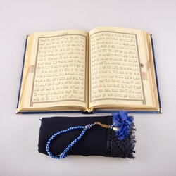 Shawl + Salah Beads + Quran Gift Set (Bag Size, Velvet, Navy Blue) - Thumbnail