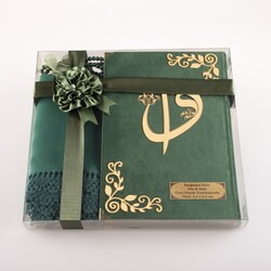 Shawl + Salah Beads + Quran Gift Set (Bag Size, Velvet, Olive Green) - Thumbnail