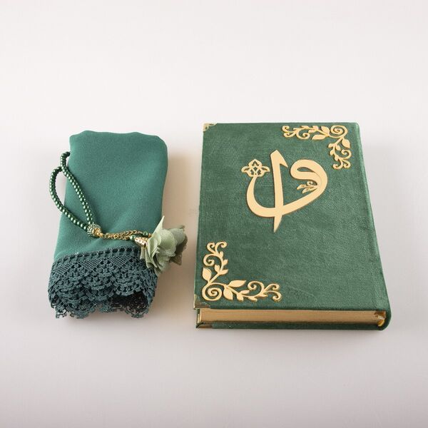 Shawl + Salah Beads + Quran Gift Set (Bag Size, Velvet, Olive Green)