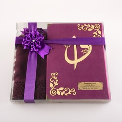 Shawl + Salah Beads + Quran Gift Set (Bag Size, Velvet, Purple) - Thumbnail