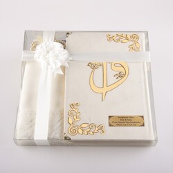 Shawl + Salah Beads + Quran Gift Set (Bag Size, Velvet, White) - Thumbnail