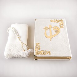 Shawl + Salah Beads + Quran Gift Set (Bag Size, Velvet, White) - Thumbnail