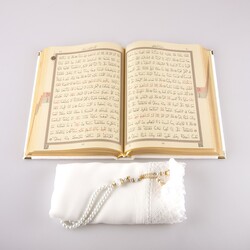 Shawl + Salah Beads + Quran Gift Set (Bag Size, Velvet, White) - Thumbnail