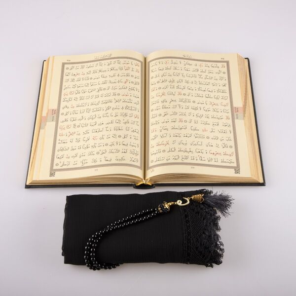 Shawl + Salah Beads + Quran Gift Set (Hafiz Size, Black)