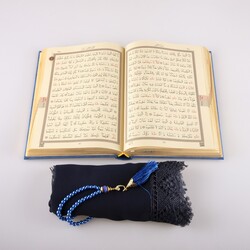 Shawl + Salah Beads + Quran Gift Set (Hafiz Size, Navy Blue) - Thumbnail