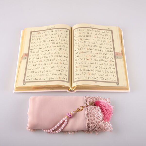 Shawl + Salah Beads + Quran Gift Set (Hafiz Size, Powder Pink)