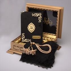 Shawl + Salah Beads + Quran Gift Set (Hafiz Size, Velvet, Black) - Thumbnail