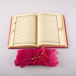 Shawl + Salah Beads + Quran Gift Set (Hafiz Size, Velvet, Fuchsia Pink) - Thumbnail