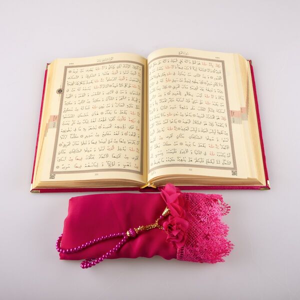 Shawl + Salah Beads + Quran Gift Set (Hafiz Size, Velvet, Fuchsia Pink)