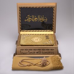 Shawl + Salah Beads + Quran Gift Set (Hafiz Size, Velvet, Gold) - Thumbnail